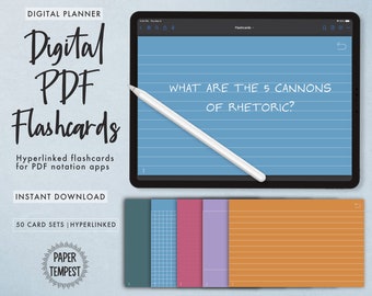 Könnte beinhalten: Digitale PDF-Karteikarten für Notiz-Apps. Das Bild zeigt einen Tablet-Bildschirm mit dem Text "WHAT ARE THE 5 CANNONS OF RHETORIC?" auf blauem Hintergrund mit weißen Linien. Unter dem Tablet befinden sich fünf verschiedene farbige Karteikarten mit liniertem Papier.