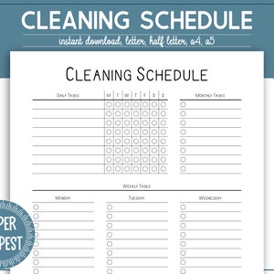Op de afbeelding: Een zwart-wit afdrukbaar schoonmaakschema met de titel "CLEANING SCHEDULE". Het bevat secties voor dagelijkse, wekelijkse en maandelijkse taken, met selectievakjes voor tracking. Het Paper Tempest-logo is zichtbaar.