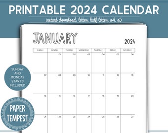 2024 druckbarer Kalender, klassischer Monatskalender Planer zum Ausdrucken, leere vertikale Kalendervorlage, Unined Planner Einlage PDF