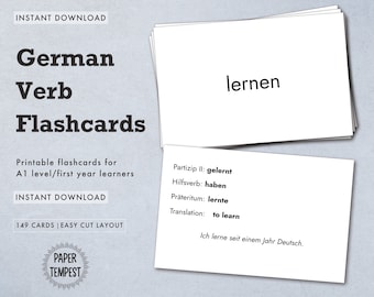 Printable German Verb Flashcards, German Vocabulary Flash Cards, German Language Learning Study Aid, A1 Word List, Beginner German Template