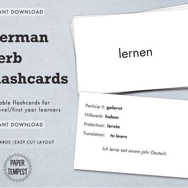 Printable German Verb Flashcards, German Vocabulary Flash Cards, German Language Learning Study Aid, A1 Word List, Beginner German Template