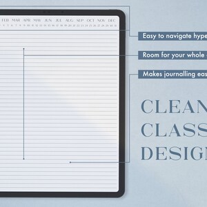 Może przedstawiać: Cyfrowy planer o czystym, klasycznym designie. Planer ma kalendarz na g&oacute;rze i linie strony do pisania. Tekst "Easy to navigate hyperlinks", "Room for your whole day" i "Makes journalling easy" jest wyświetlany po prawej stronie obrazu.