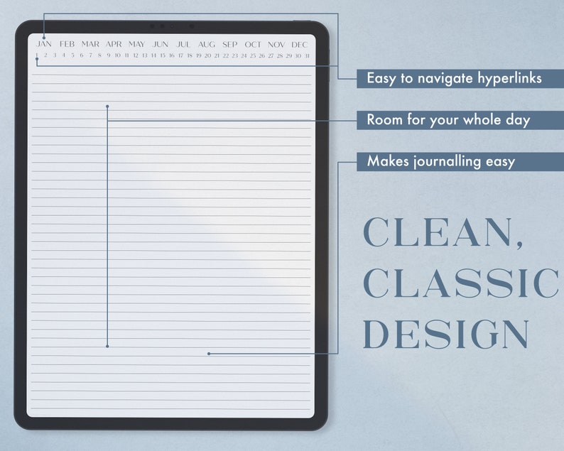 Może przedstawiać: Cyfrowy planer o czystym, klasycznym designie. Planer ma kalendarz na g&oacute;rze i linie strony do pisania. Tekst "Easy to navigate hyperlinks", "Room for your whole day" i "Makes journalling easy" jest wyświetlany po prawej stronie obrazu.