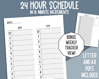 Printable Daily Weekly Planner 24 Hour Organizer in 15 Minute Increments, Undated Timetable, Baby Caretaker Tracker, Hourly Schedule, Office