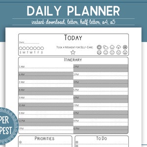 May include: A black and white daily planner with the words "DAILY PLANNER" at the top. The planner has sections for "TODAY", "ITINERARY", "PRIORITIES", and "To Do".