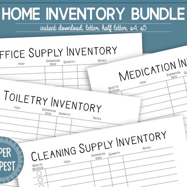 Printable Household Inventory Template, Household Supplies, Home Storage List, Cleaning Supply Inventory, Medication Planner, Home Inventory