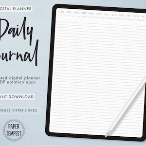 Może przedstawiać: Cyfrowy planer z tekstem "Daily Journal" na okładce. Planer jest niedatowany i ma 365 stron. Planer został zaprojektowany do użytku z aplikacjami do adnotacji PDF. Tekst "INSTANT DOWNLOAD" i "365 PAGES | HYPER LINKED" znajduje się r&oacute;wnież na okładce. Planer jest wyświetlany na ekranie tabletu z białym rysikiem obok.
