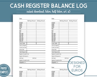 Printable Cash Register Balance Log, Cash Drawer Reconciliation Sheet, Point of Sale Till Report, Cash Breakdown Template,