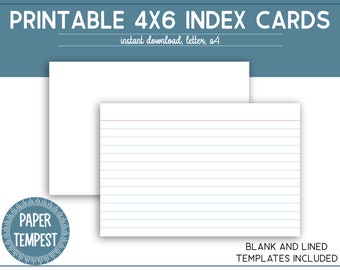 Printable 4x6 Index Cards, Printable Lined Index Cards, Unruled Blank Notecards, Index Cards Template, Flash Cards, Recipe Cards,