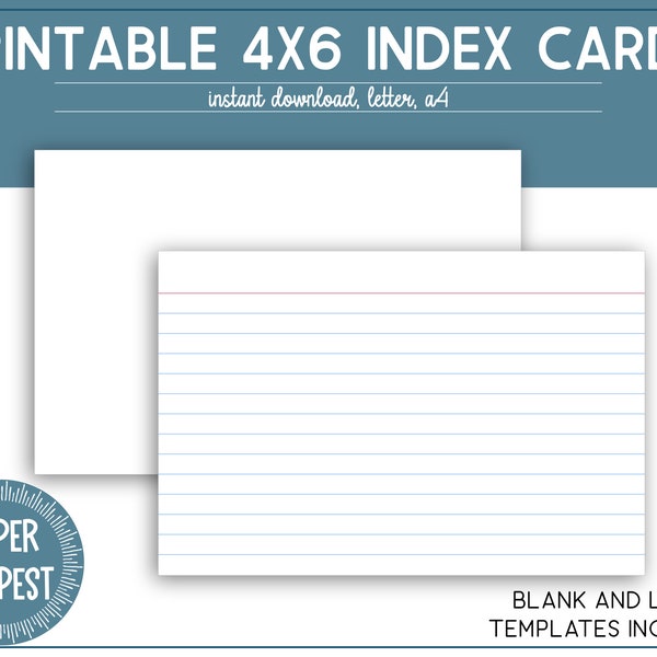 Printable 4x6 Index Cards, Printable Lined Index Cards, Unruled Blank Notecards, Index Cards Template, Flash Cards, Recipe Cards,