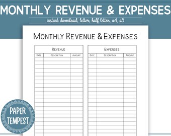 Printable Monthly Revenue and Expense Tracker, Business Expense Tracker, Financial Planner PDF, Business Plan, Simple Budget Template