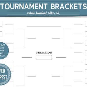 Printable Tournament Bracket Bundle, Single Elimination Sports Bracket, 8, 16, 32, 64 Basketball Madness Tracker