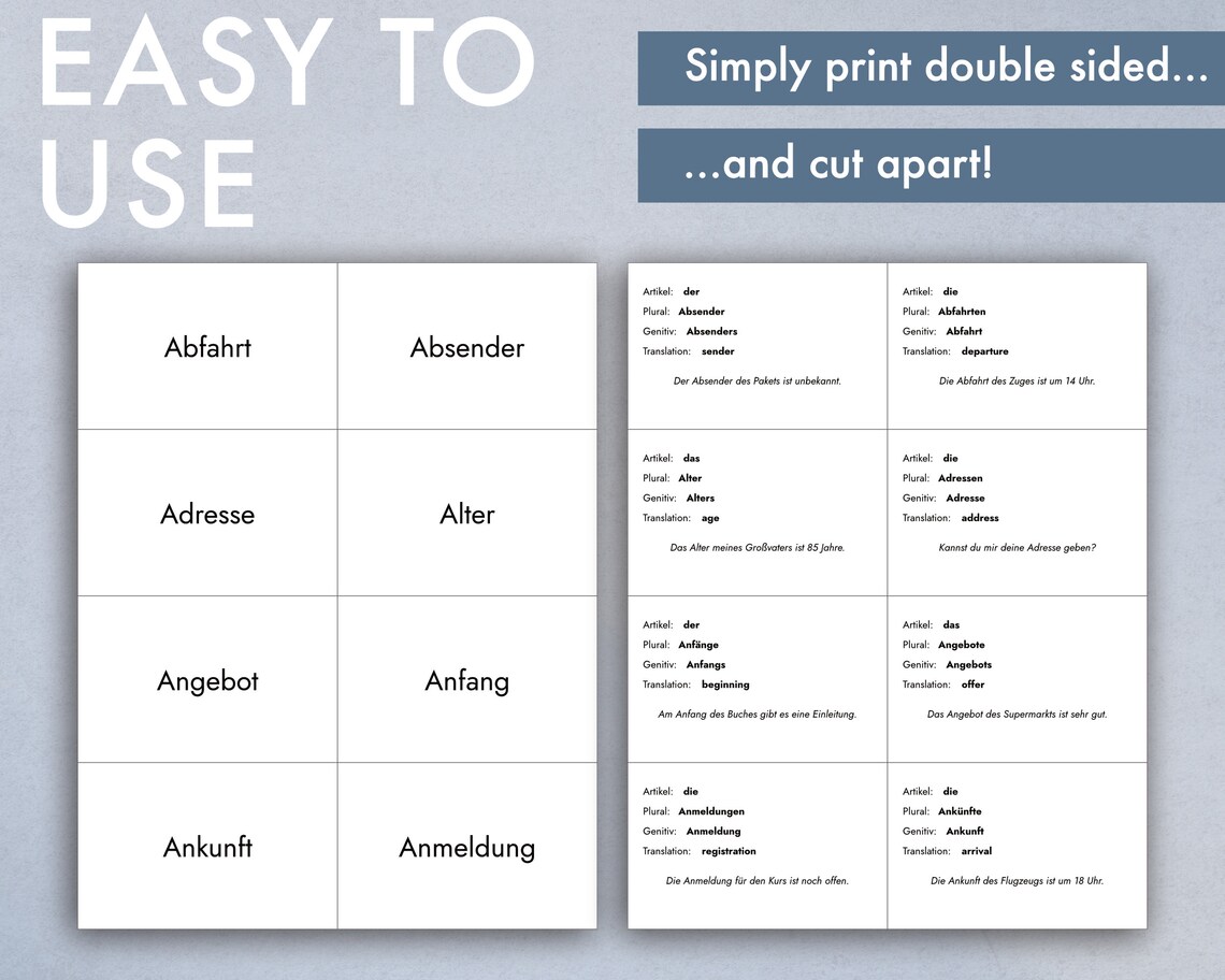 Printable German Noun Flashcards, German Vocabulary Flash Cards, German