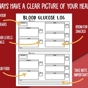 May include: A printable blood glucose log with sections for tracking fasting blood sugar, blood sugar levels after meals, and food and drink intake. The log also includes space for notes and a section for logging snacks.