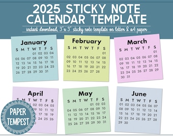 May include: A printable 2025 calendar template designed to be printed on 3x3 inch sticky notes. The calendar is divided into 12 months, each month displayed on a separate sticky note. The months are color-coded: January is light blue, February is light green, March is light pink, April is light purple, May is light green, and June is light blue.