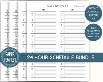 24 Stunden Planer druckbar, 15 Minuten Planer, 30 Minuten Planer, Wochenplaner, Undatierter Zeitblock, Digitaler Tagesplaner, Stundenzettel