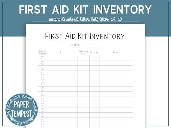 Printable First Aid Kit Inventory, Emergency Binder Template