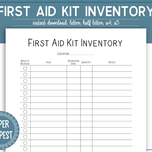 Printable First Aid Kit Inventory, Emergency Binder Template, First Aid Kit Organizer, Emergency Preparedness Printable, PDF, a4, a5, Letter