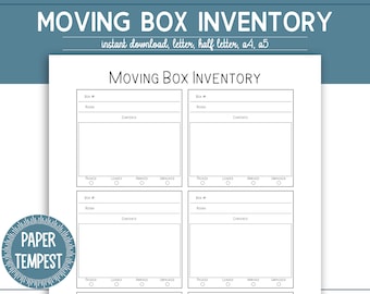 Printable Moving Box Inventory Template, Moving Binder Insert,  Moving Planner, Moving Checklist , Moving Inventory Tracker, Moving Box Log