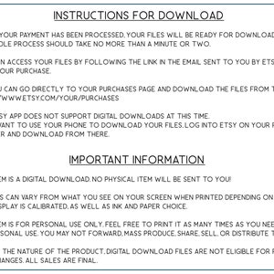 Puede incluir: Instrucciones para descargar archivos digitales despu&eacute;s de la compra. La aplicaci&oacute;n de Etsy no admite descargas digitales en este momento. Informaci&oacute;n importante sobre las descargas digitales, incluyendo que este art&iacute;culo es una descarga digital, no se enviar&aacute; ning&uacute;n art&iacute;culo f&iacute;sico, los colores pueden variar de lo que ves en la pantalla cuando se imprime dependiendo de c&oacute;mo se calibre tu pantalla, as&iacute; como de la tinta y el papel que se utilice, este art&iacute;culo es solo para uso personal, si&eacute;ntete libre de imprimirlo tantas veces como necesites para uso personal, no puedes reenviarlo, producirlo en masa, compartirlo, venderlo o distribuirlo, y debido a la naturaleza del producto, los archivos de descarga digital no son elegibles para devoluciones o cambios, todas las ventas son finales.