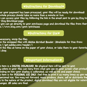 May include: Instructions for downloading and using digital printable files. The text mentions that the files are a digital download, no physical item will be sent, and the colors may vary depending on the screen and printer. It also states that the files are for personal use only and cannot be shared, sold, or distributed.