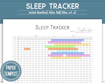 May include: A printable sleep tracker with a grid for tracking sleep hours. The grid is divided into 12 hour sections for AM and PM. The month is September. The tracker is in black and white with colored blocks to fill in.