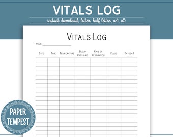Printable Vitals Log, Vital Signs Tracker, Blood Pressure Tracker, Medical Planner Insert, Caregiver Tracker, Home Hospice PDF, Letter, A4