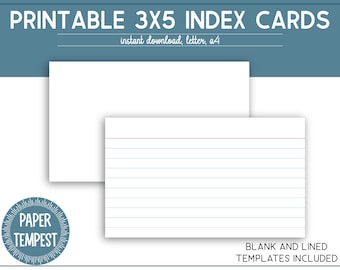 Printable 3x5 Index Cards, Printable Lined Index Cards, Unruled Blank Notecards, Index Cards Template, Flash Cards, Recipe Cards,