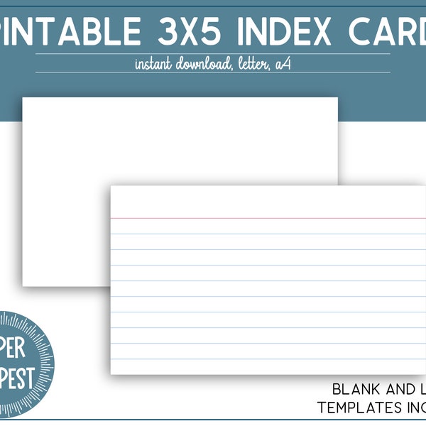 Printable 3x5 Index Cards, Printable Lined Index Cards, Unruled Blank Notecards, Index Cards Template, Flash Cards, Recipe Cards,