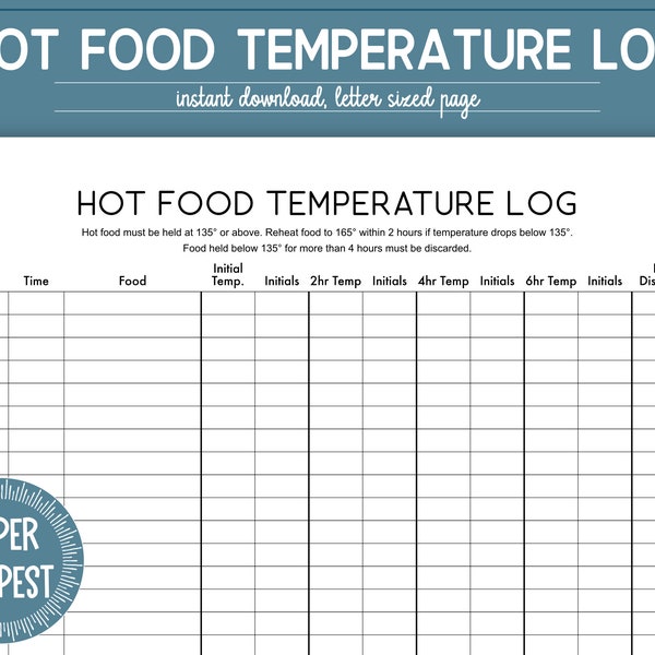 Printable Hot Food Temperature Log, Hot Food Holding Temperature Chart, Food Temperature Recording Chart, Food Safety Log