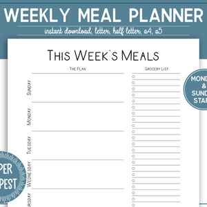 Puede incluir: Un planificador de comidas semanal imprimible con una lista de la compra y espacio para escribir las comidas para cada d&iacute;a de la semana. El planificador tiene un esquema de color azul y blanco y el texto "This Week's Meals" en la parte superior.