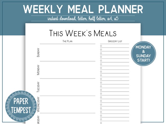 Weekly Meal Planner Printable, Meal Planner Template, Meal Planner and Grocery List Template, Weekly Food Diary, Menu PDF, a4, a5, Letter