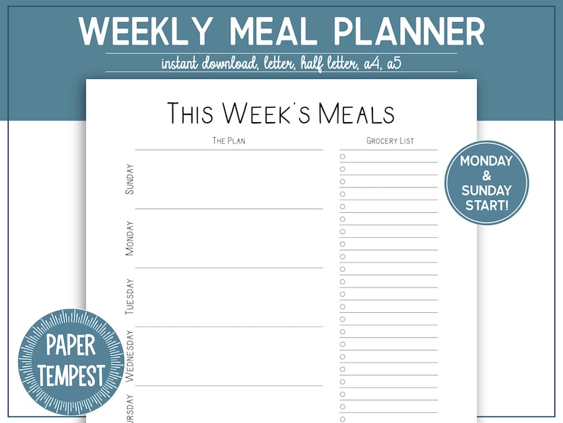 Puede incluir: Un planificador de comidas semanal imprimible con una lista de la compra y espacio para escribir las comidas para cada d&iacute;a de la semana. El planificador tiene un esquema de color azul y blanco y el texto "This Week's Meals" en la parte superior.