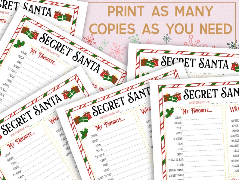 Printable Secret Santa Questionnaire, Secret Santa Template for Work