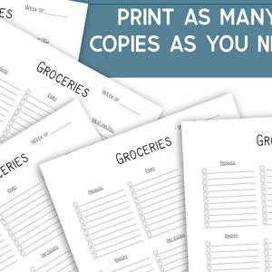 Op de afbeelding: Een set printbare boodschappenlijst sjablonen met secties voor producten, zuivel, bakkerij, droge waren en vleeswaren. De tekst "Print zoveel kopie&euml;n als je nodig hebt" staat bovenaan de pagina.