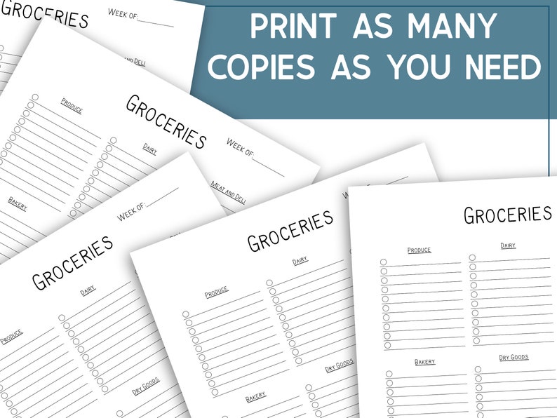 Op de afbeelding: Een set printbare boodschappenlijst sjablonen met secties voor producten, zuivel, bakkerij, droge waren en vleeswaren. De tekst "Print zoveel kopie&euml;n als je nodig hebt" staat bovenaan de pagina.