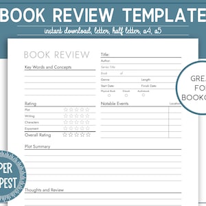 Printable Book Review Template, Book Review Journal, Digital Book Review Notes, Bookshelf Tracker, Reading Log Planner, PDF Book Review