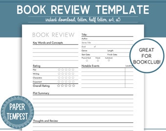 Printable Book Review Template, Book Review Journal, Digital Book Review Notes, Bookshelf Tracker, Reading Log Planner, PDF Book Review