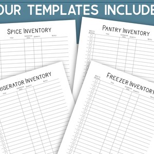 May include: Four printable inventory lists for organising your kitchen: Spice, Pantry, Refrigerator, and Freezer. Each list includes columns for item, expiry date, quantity, and notes.
