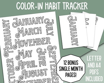 Monthly Color In Habit Tracker, Annual Exercise Tracking, Daily Coloring Page Fitness Chart, Goal Tracking Printable PDF, Calendar Goal Log