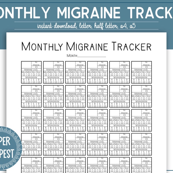 Migraine Tracker Printable, Printable Migraine Journal, Migraine Calendar, Headache Tracker, Chronic Migraine Log, a5, a4, letter, PDF