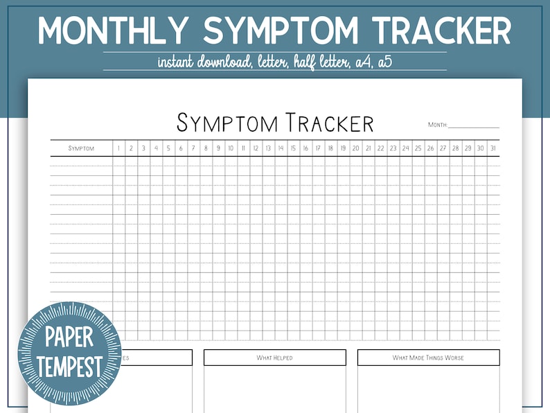 Monthly Symptom Tracker Printable, Symptom Journal, Monthly Pain ...