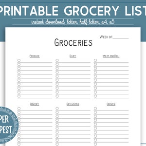 Op de afbeelding: Printbare boodschappenlijst sjabloon met vinkvakjes voor producten, zuivel, vleeswaren, bakkerij, droge waren en diepvriesproducten. De sjabloon heeft de tekst "Printable Grocery List" bovenaan en "Week of" rechtsboven.
