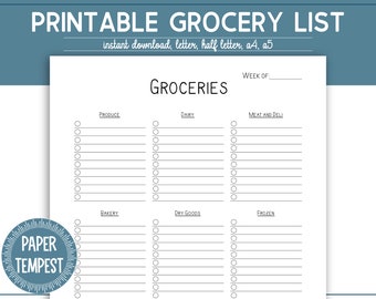 Printable Grocery List Template, Printable Shopping List, Grocery List PDF, Grocery Checklist, Digital Planner Insert, A4 PDF, Letter PDF