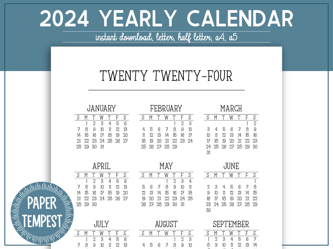 2024 Calendar Printable Yearly Calendar Printable 2024 One - Etsy UK