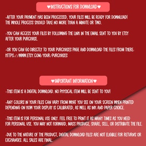 May include: Red and pink background with white text outlining instructions for downloading digital files and important information about the product. The text includes information about the download process, color variations, personal use only, and the final sale nature of the product.