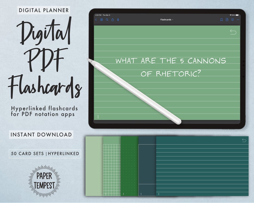 Green Digital Flashcards for Goodnotes and Notability, Hyperlinked