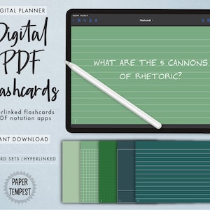 Puede incluir: Flashcards digitales PDF para aplicaciones de toma de notas. La imagen muestra la pantalla de una tableta que muestra una tarjeta de memoria verde con líneas con el texto "WHAT ARE THE 5 CANNONS OF RHETORIC?" y un lápiz blanco. La imagen también muestra un conjunto de tres tarjetas de memoria verdes con líneas con diferentes patrones.