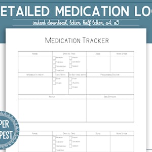 Detailed Medication Tracker Printable, Medicine Log, Medication Report, Hospice Medication Tracker, A4, A5, Letter, Half Letter, PDF