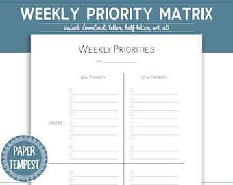 Weekly Priority Matrix Printable, Weekly Priority Planner, Weekly Eisenhower Matrix, Action Plan Template, Planner Insert PDF, To Do List